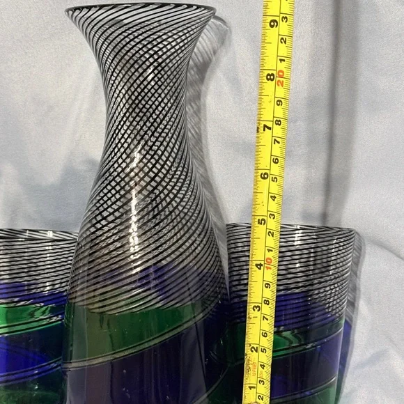 Vintage Art Glass Decanter Set Blue Green Black Spiral Hand Blown MCM Barware - Picture 4 of 4